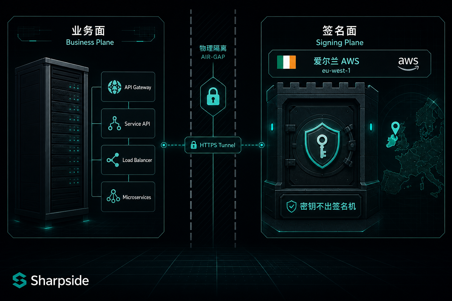 Diagram of SharpSide business plane isolated from AWS Ireland signing plane